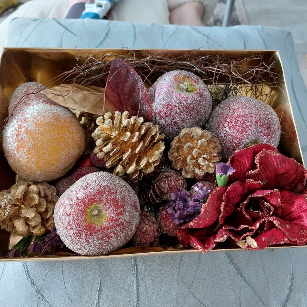 vintage Bombay sugared fruit & pine cone arrangement
